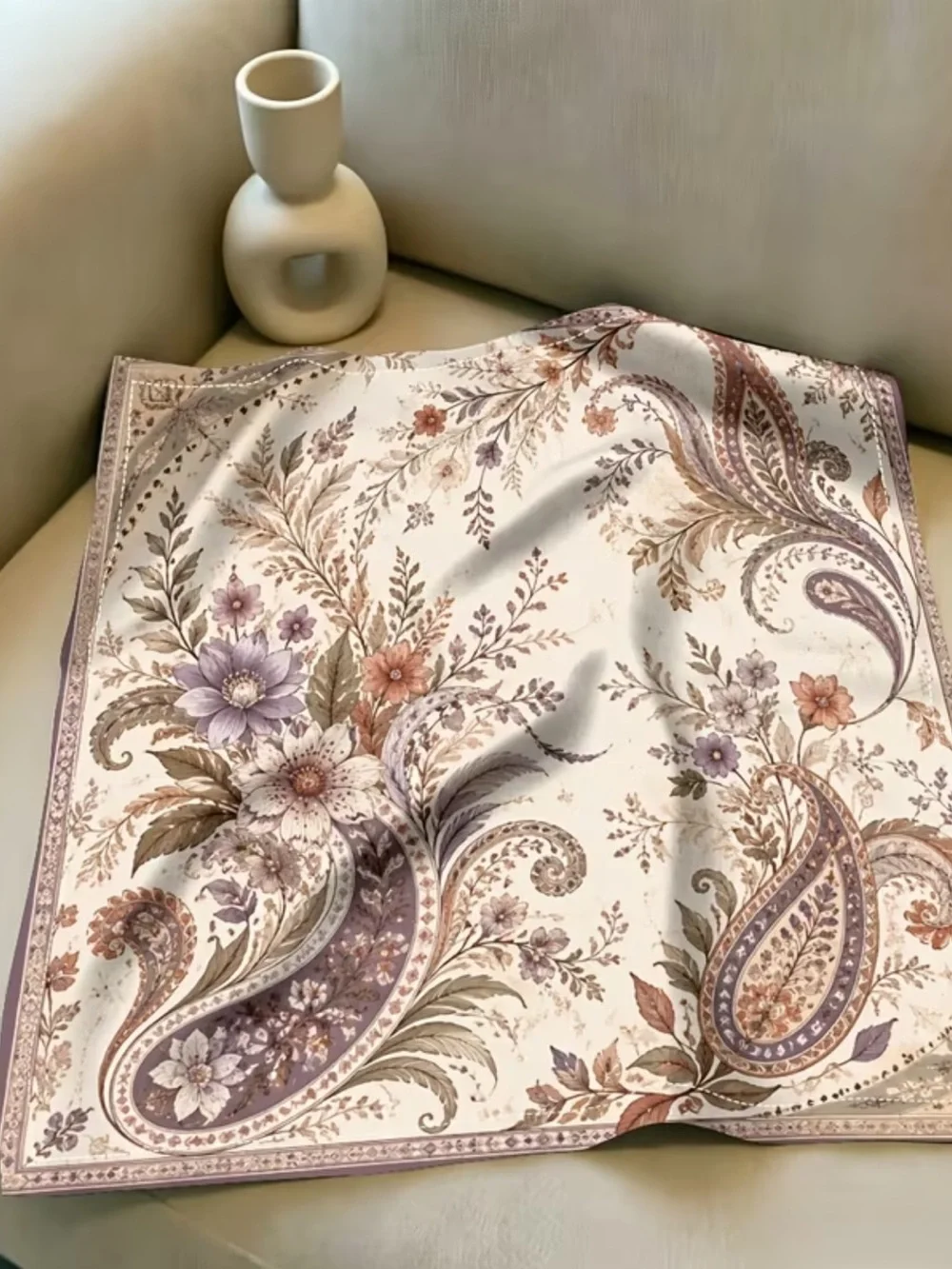 Floral Paisley Silk-Feel Scarf in Cream and Lavender 19”